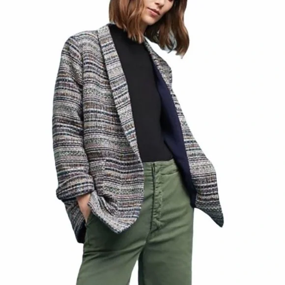 Anthropologie Harlyn Multicolor Striped Blazer Tweed Boyfriend Oversized open - Picture 4 of 14